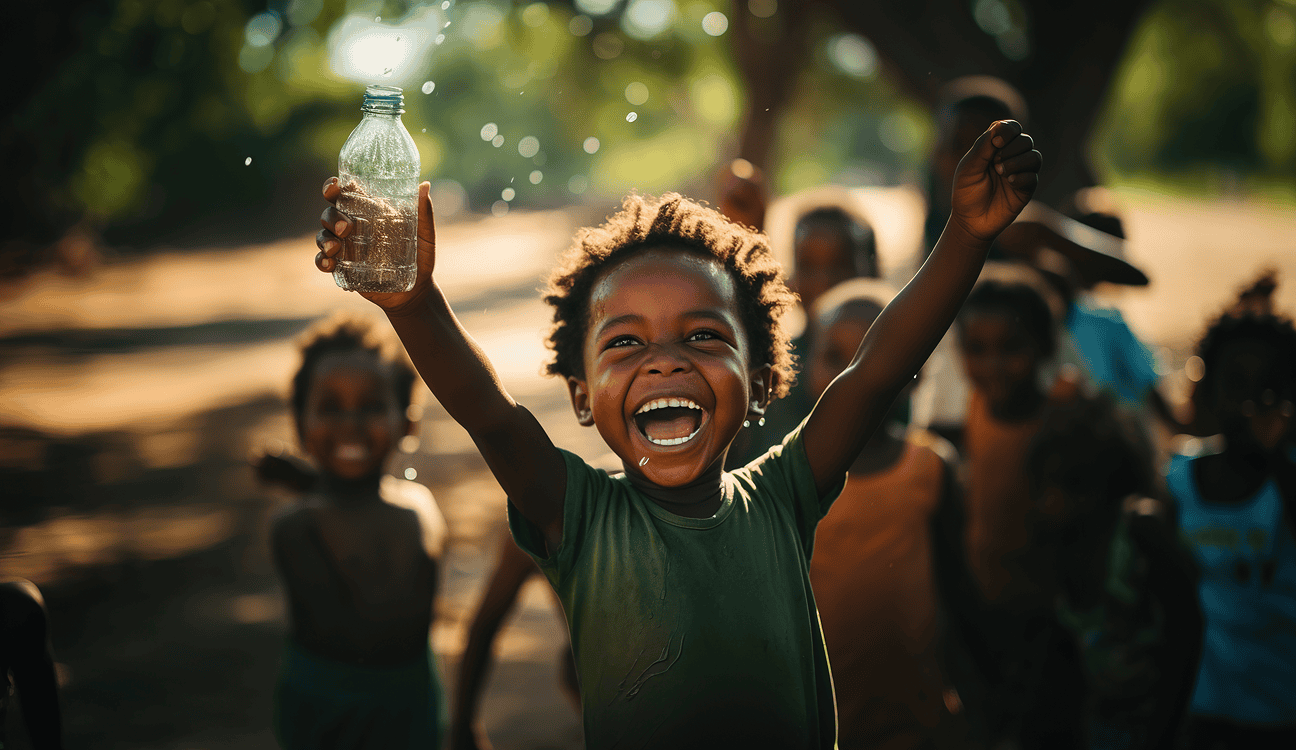 An overjoyed young boy holding a bottle of water