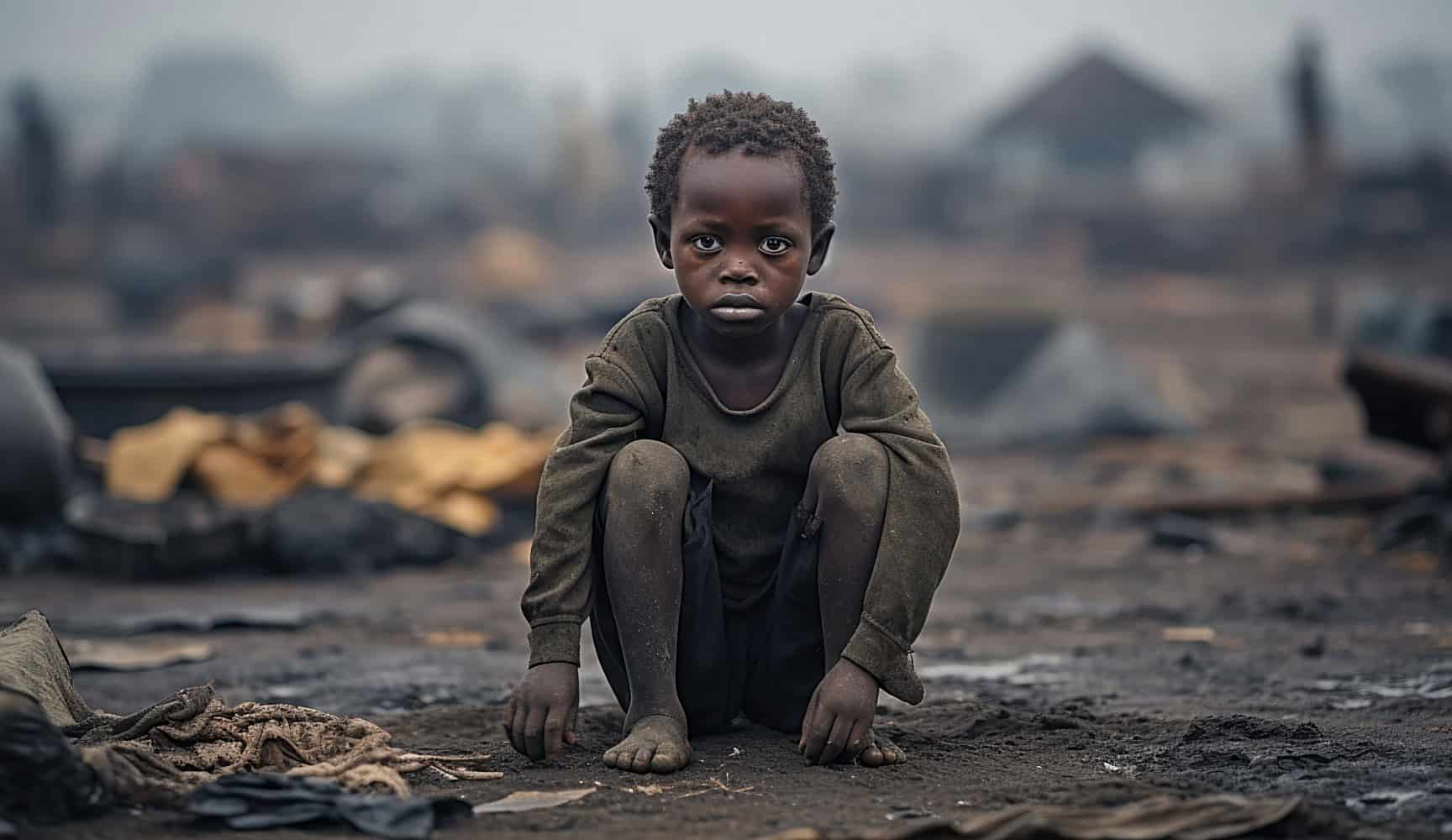 A young boy crouches on the ground, with no one around