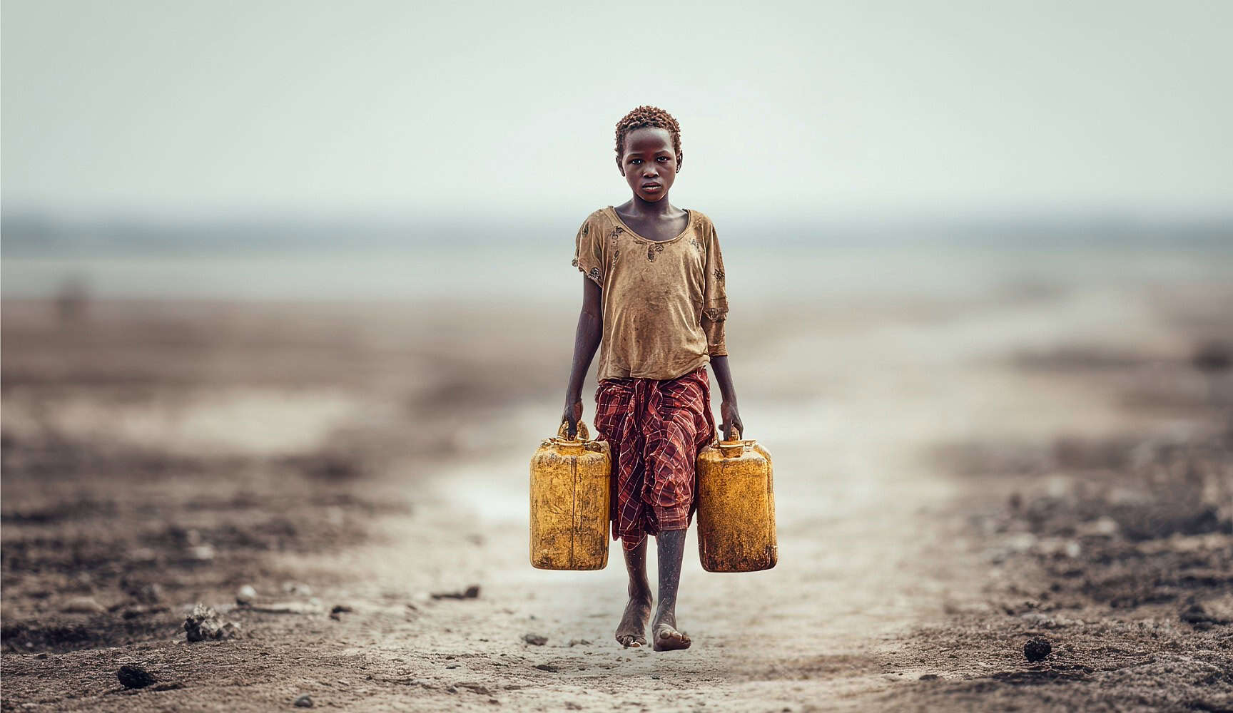 A girl on a drought-ridden land carrying two jugs of water