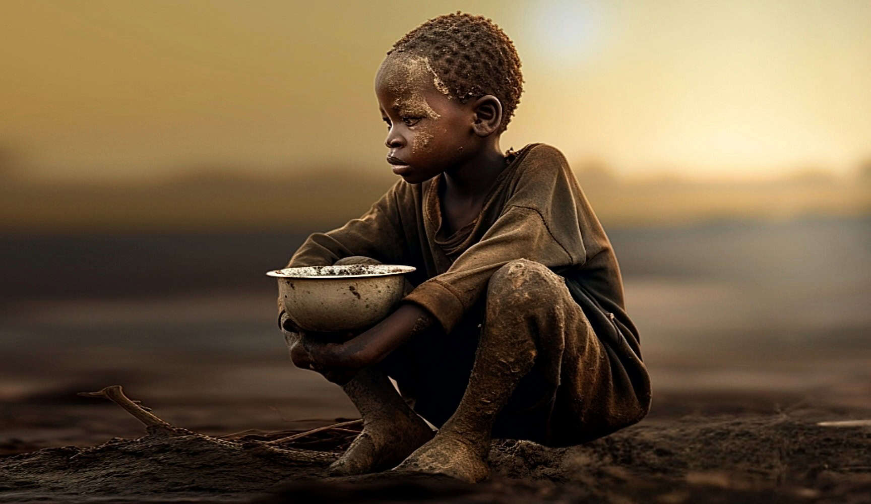 A hungry boy sits on the ground, holding a bowl