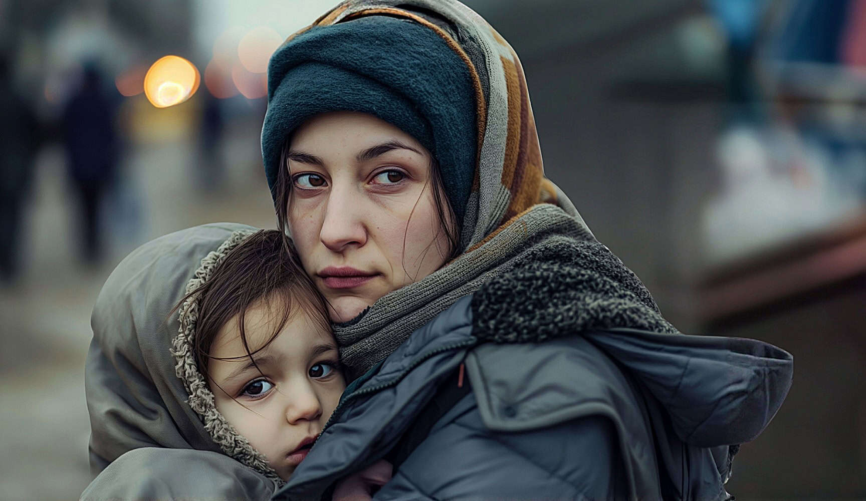 A mother holds her young child close to her in the cold