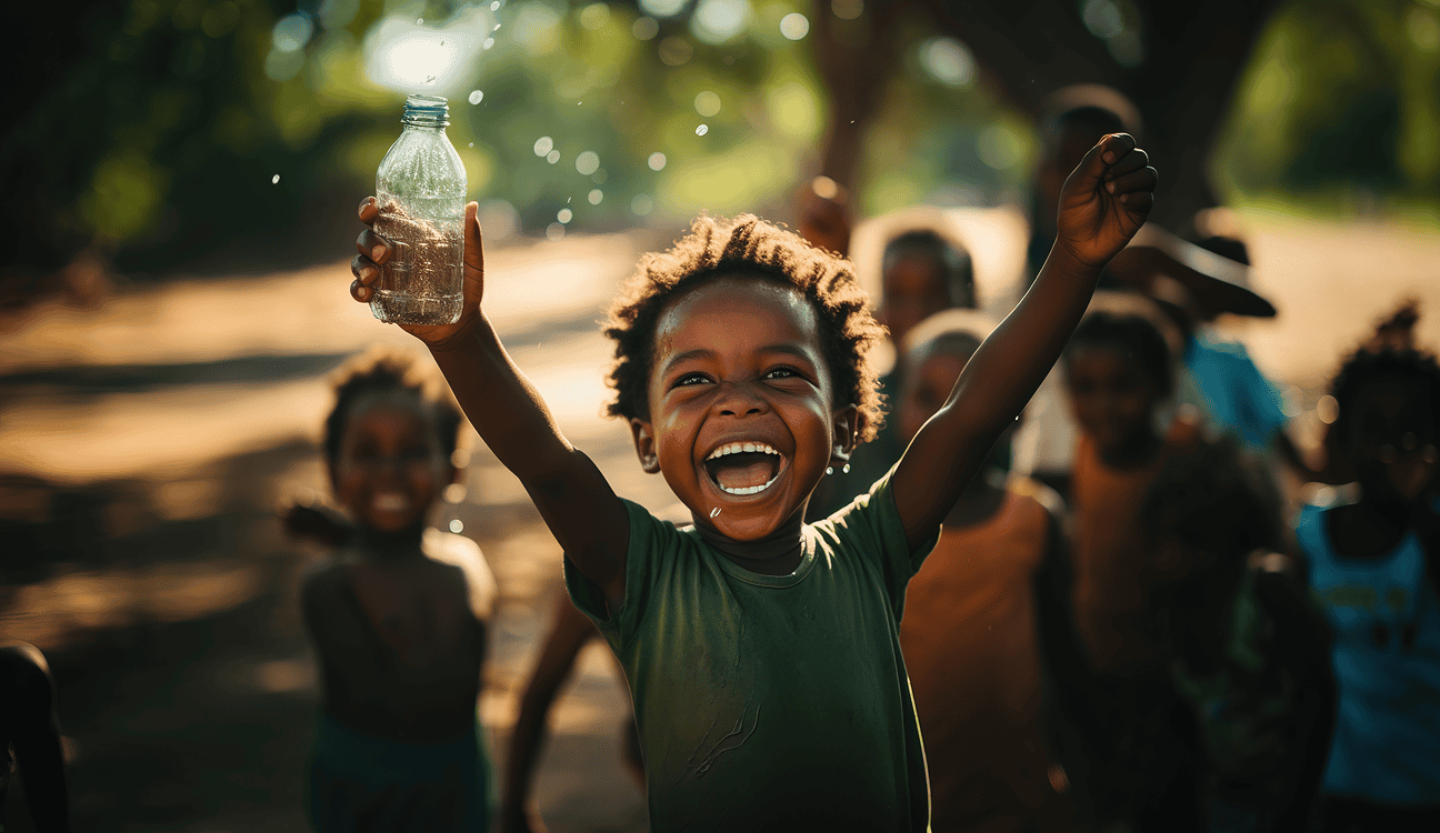 A young boy holds a bottle of water and looks happy
